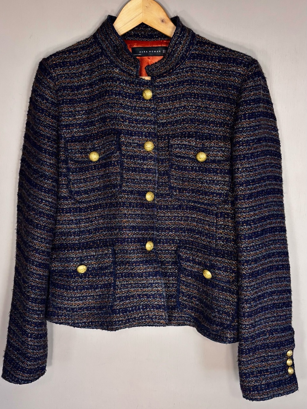 ZARA Multicolor Tweed Military-Style Blazer w/Gold Buttons